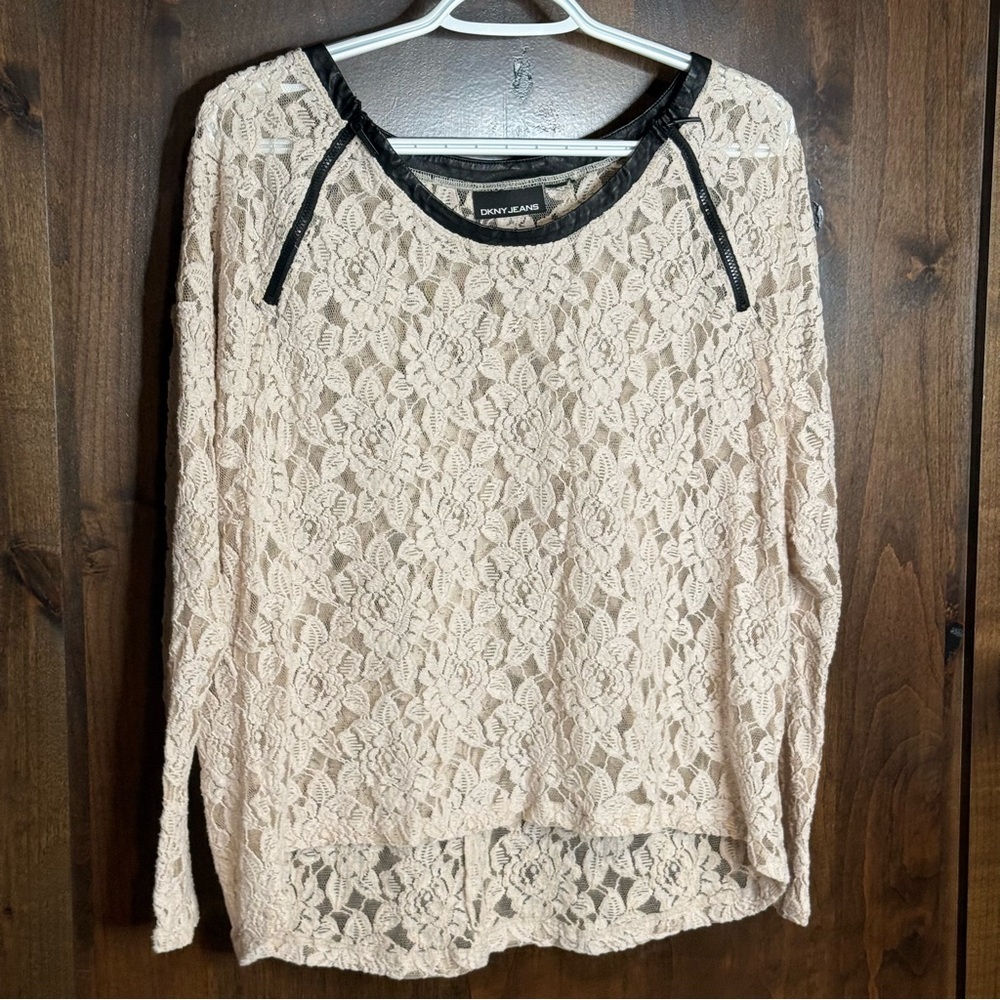 DKNY Jeans Lace long sleeve pleather trim ivory black zipper detail size L - Picture 2 of 6
